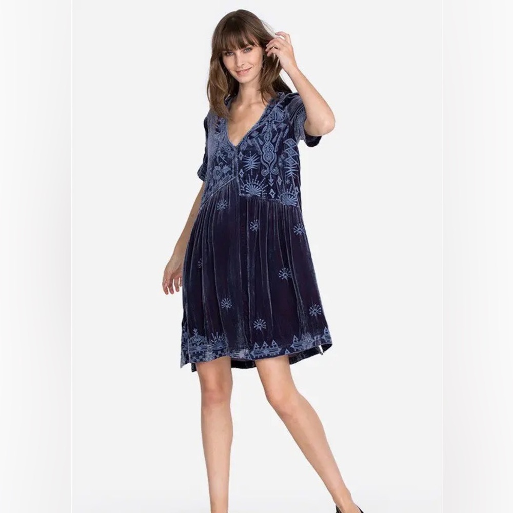 Johnny Was Dylan Velvet Asymmetrical Tunic Dress - Blue